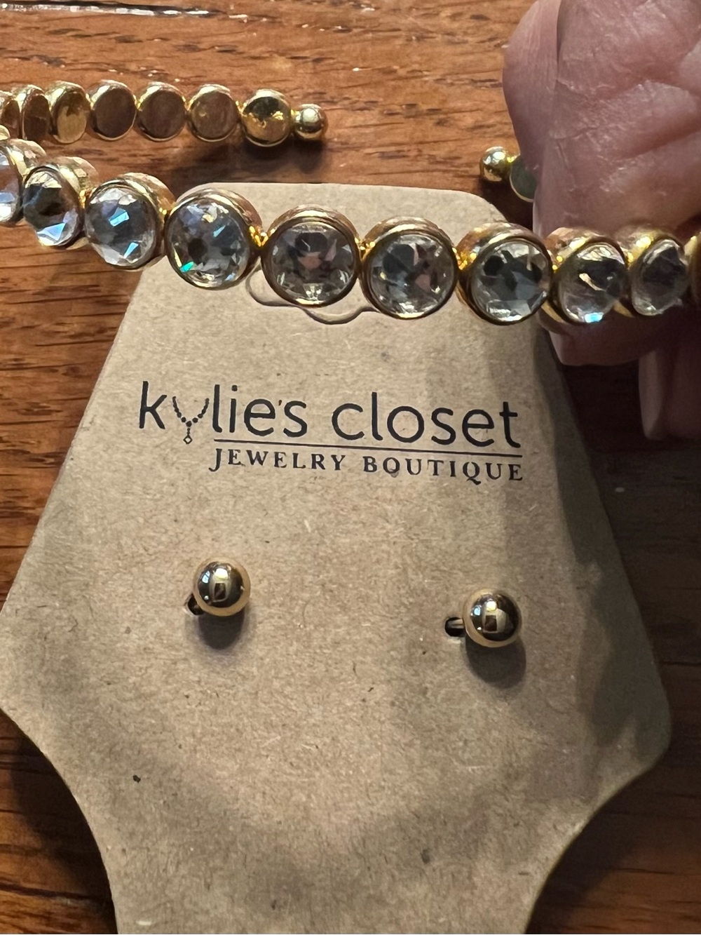 Gold Crystal open bangle Bracelet and Gold Stud Earrings Set